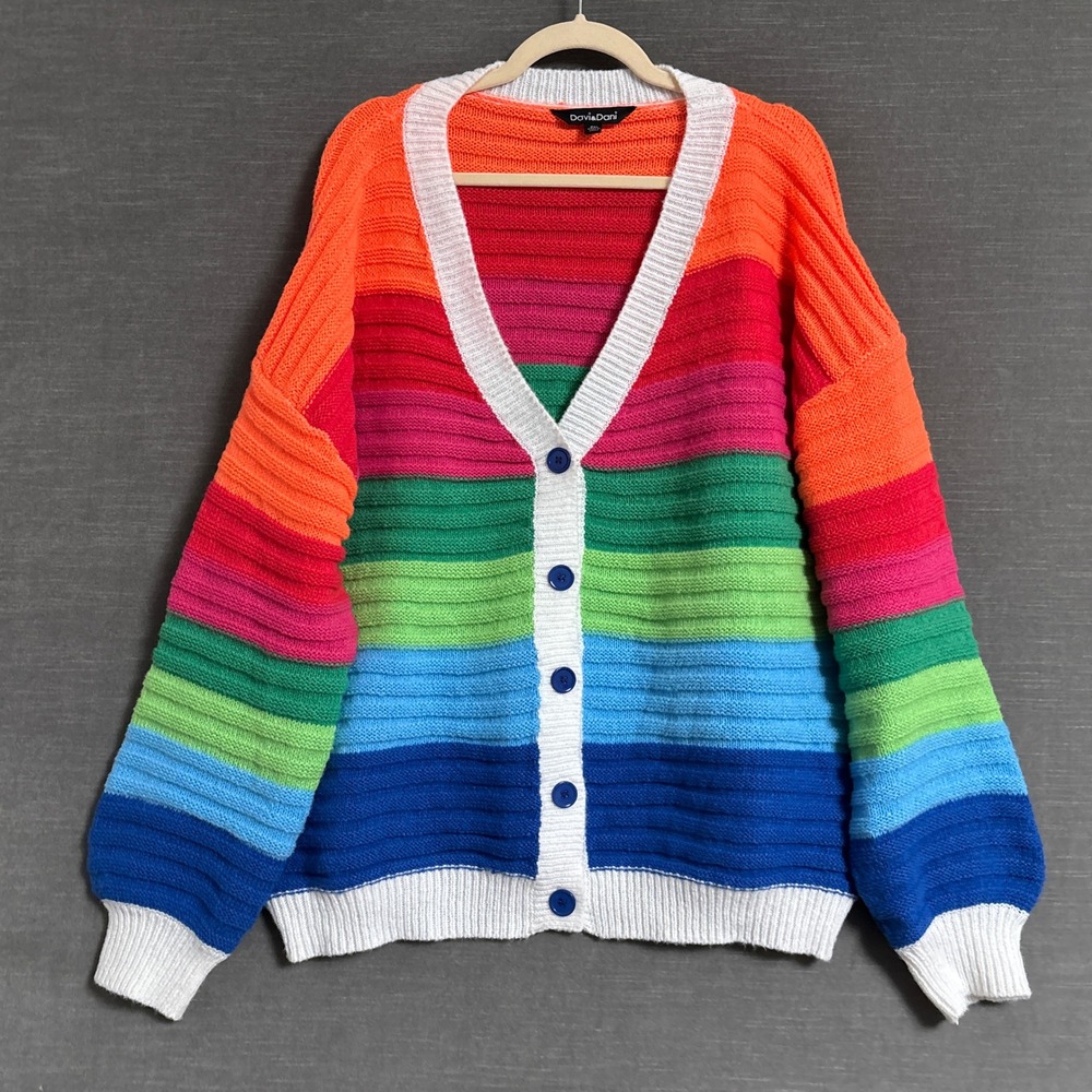 Davi Dani Cardigan 2XL Orange Pink Blue Green Striped Knit Sweater Colorful Fall